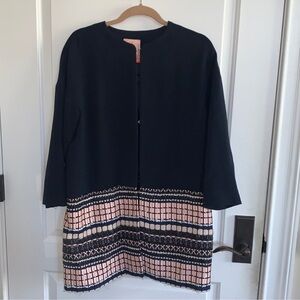 Vilagallo Navy Embroidered Three- Quarter Length Jacket - Size 42 EU / US 10